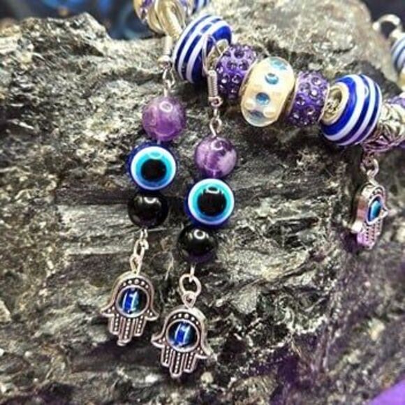 Hamsa Hand Evil Eye Gemstone Charm Earrings & Bracelet Set - Picture 7 of 10